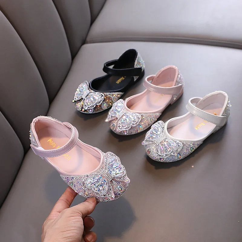 

New Girls Autumn Children Single Shoes Girls Princesses Bows Velcro Lasers Pu Leather Shoes Kids Pearls Performance Dance Shoes