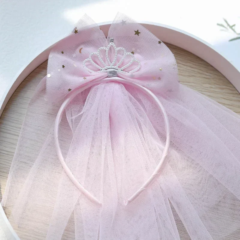 Cute Princess Hairbands for Toddler Girls Retro Veil Bowknot Crown Pearl Hair Hoop Birthday Party Headdress Kids Headwear