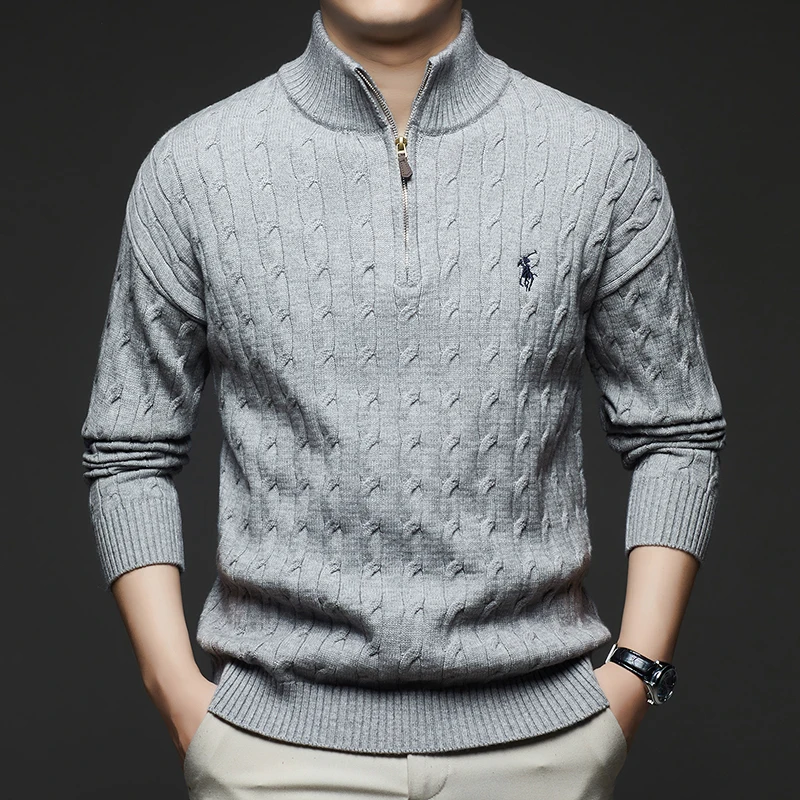 

Осенне-зимний новый мужской маленький лошадь с логотипом, модная модная осенне-зимняя куртка-свитер в клетку с половиной молнии и длинными рукавами