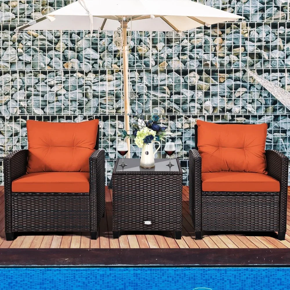 3 Piece Patio Furniture Set, Wicker Bistro Conversation Set w/2 Cushioned Armchairs & Glass Topped Table, Outdoor Rat