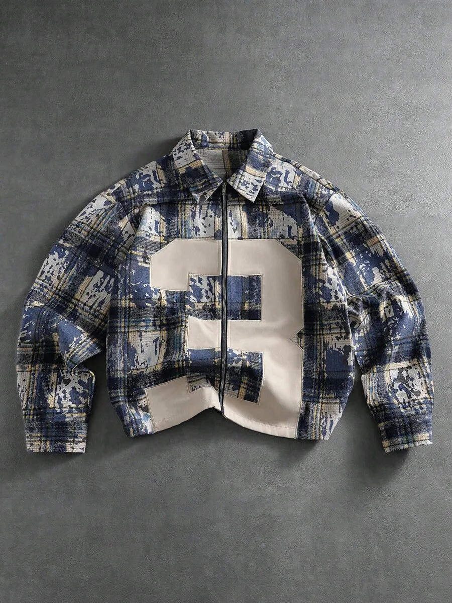 

Men's Distressed Plaid Zip-Front Shirt with Numeric Patch Design
