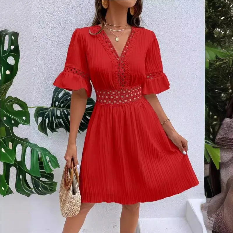 2026 A-line Dress Vestido Dresses Woman Simple Style Slim V-link Lace Patchwork Tighten The Waist Lotus Leaf Sleeves Solid Color