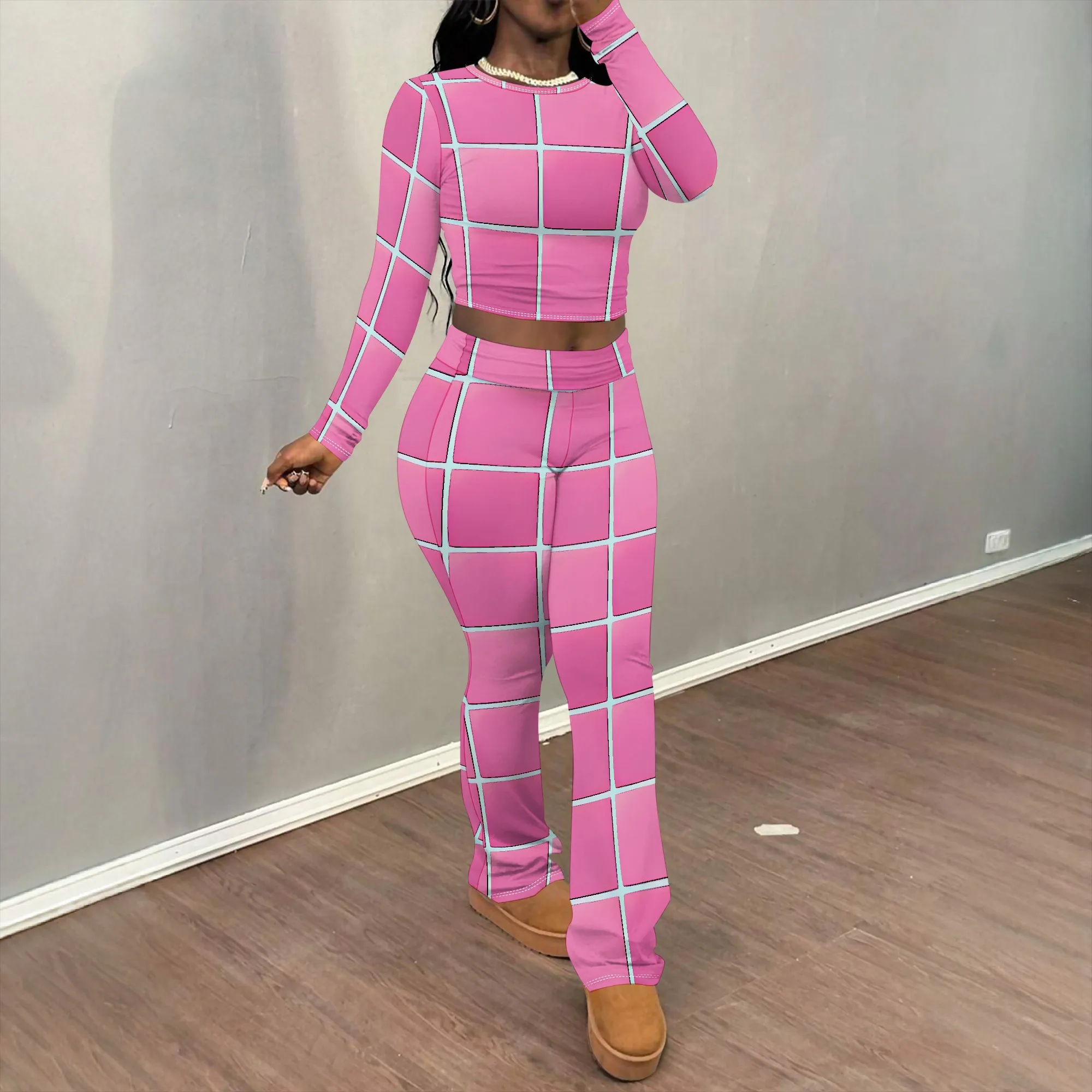 

Женский комплект из двух предметов Nupusa с сетчатым принтом, летний повседневный наряд стандартного размера с круглым вырезом и длинными рукавами