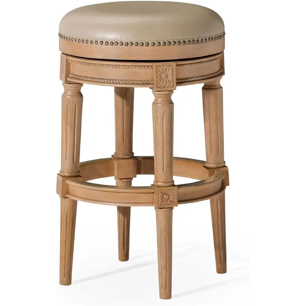 

31 Inches Swivel Stool with Footrest – Light Brown Solid Wood and Beige Faux Leather Upholstery – Perfect for Bars, Pub Tables &