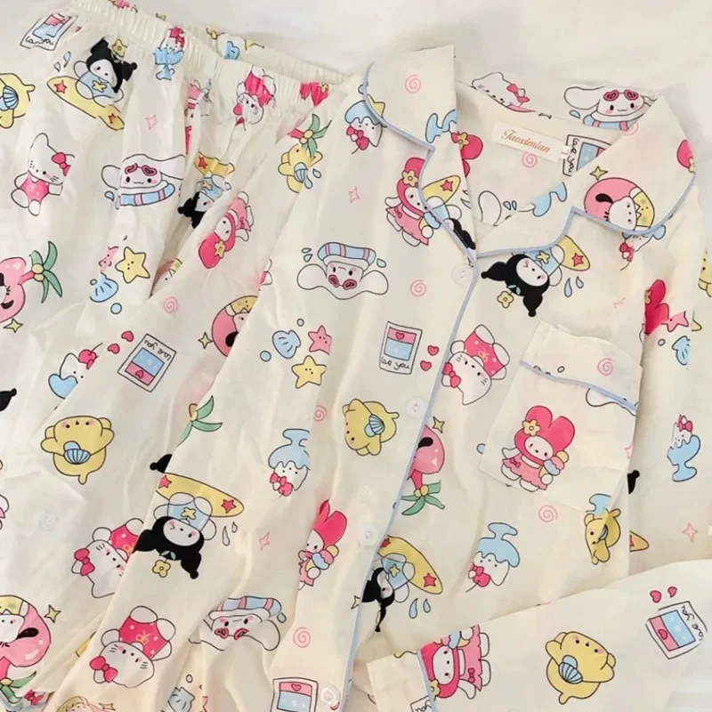 New Kawaii Sanrio Hello Kitty My Melody Hangyodon Pajamas Female Long Sleeves Cardigan Autumn Winter Cute Cartoon Tracksuit Suit