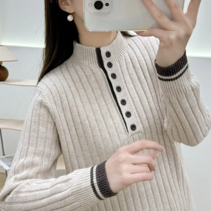 Pulôver feminino meio aberto cor bloqueada estilo ocidental camisola de malha cor contrastante versátil topo