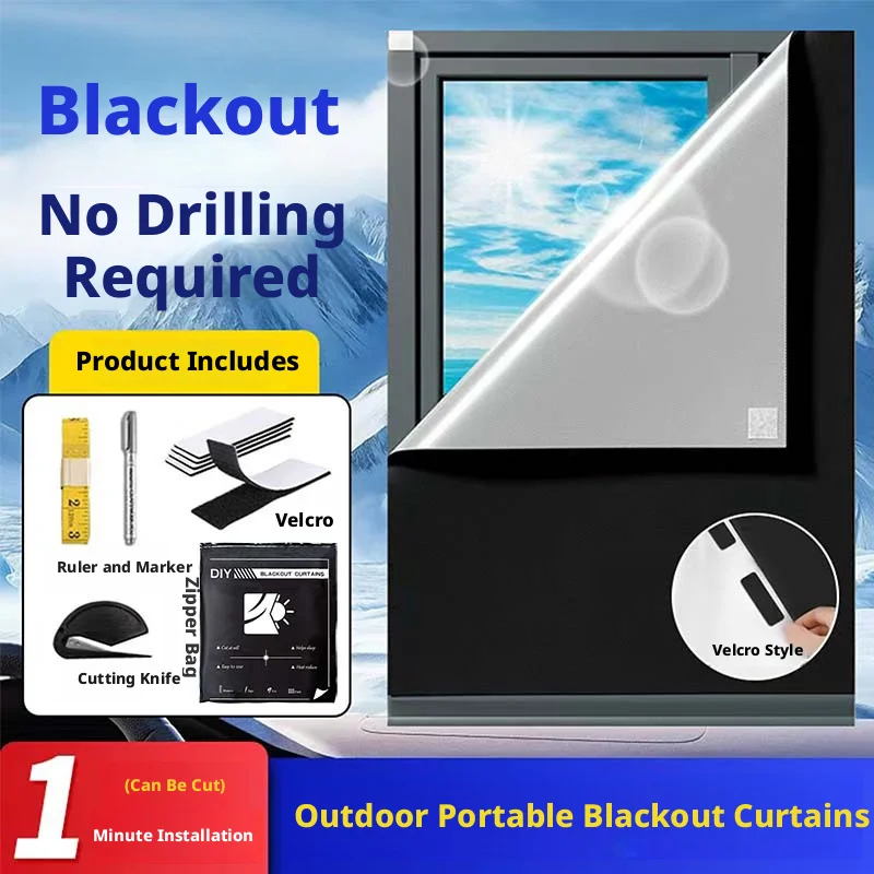 Removable Portable Blackout Curtain 420D Total Light Blocking for Window, No Drill, Temporary DIY Fabric for Travel and Bedroom