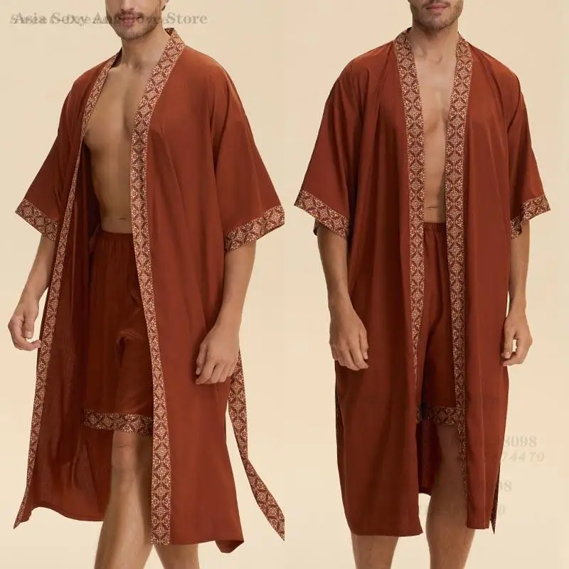 

Men Robe Sleepwear Baroque Style Short Sleeved Kimono Bathrobe Gown Home Wear Satin Peignoire De Douche Homme Shorts Pajamas Set