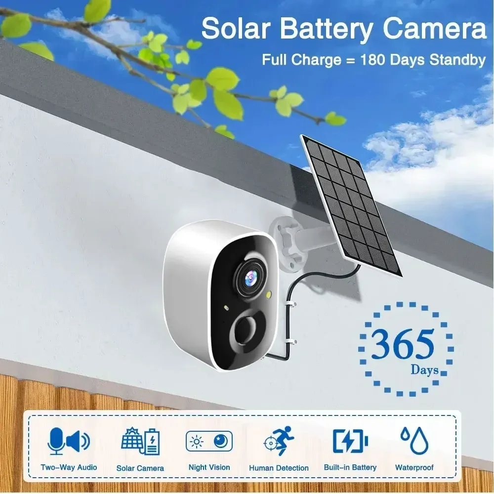 5MP WiFi Solar Camera, Built-in Outdoor Battery, 365 Days Backup, Two-way Audio PIR Human Body Detection Safety Protection