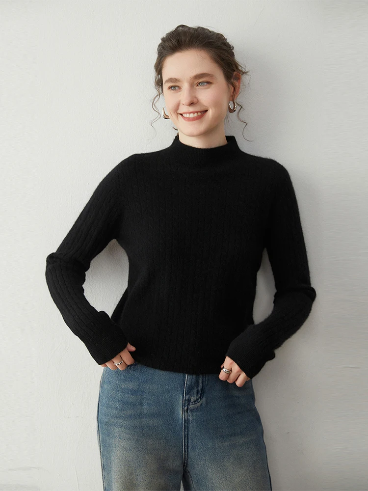 

Cable Stitch Knitwear 100% Cashmere Sweater Autumn Winter Jacquard Mock Neck Pullover Long Sleeve Retro style Female Clothes Top