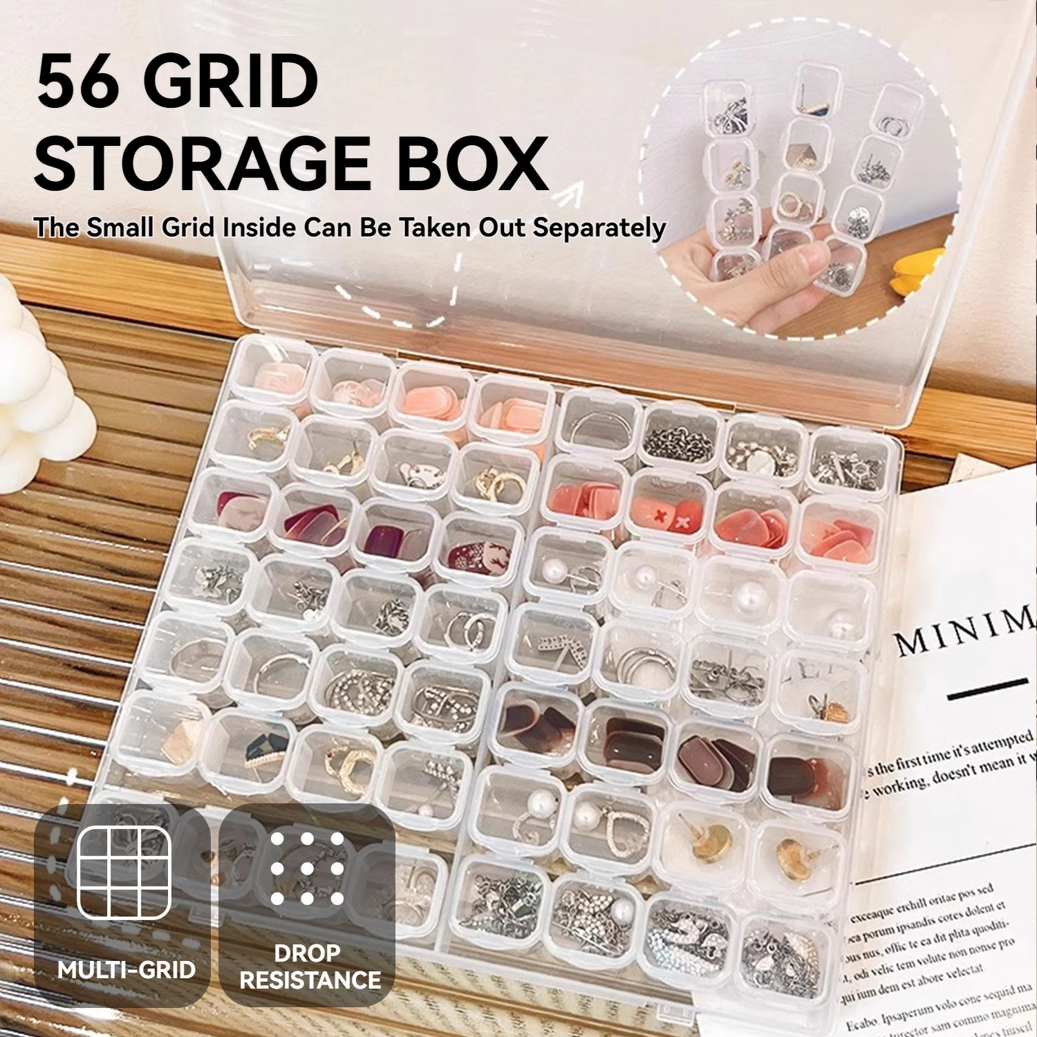 56 Grids Clear Plastic Organizer Box, DIY Art Craft Accessory Organizer Case,Removable,Nail Accessories Storage Box