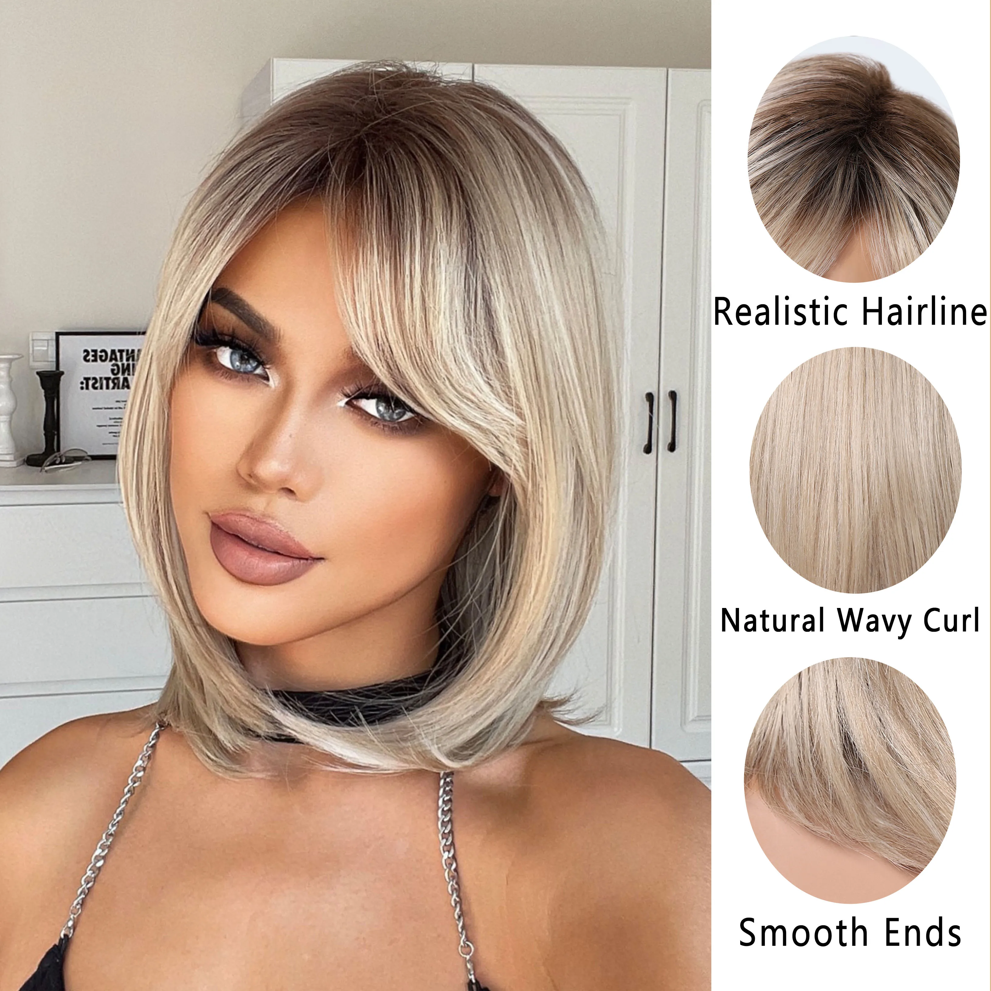 Fluffy Realistic Head Blonde Bob Wig Short Straight Wig with Side Bangs for Women Synthetic Heat Resistant Party Costume Wigs