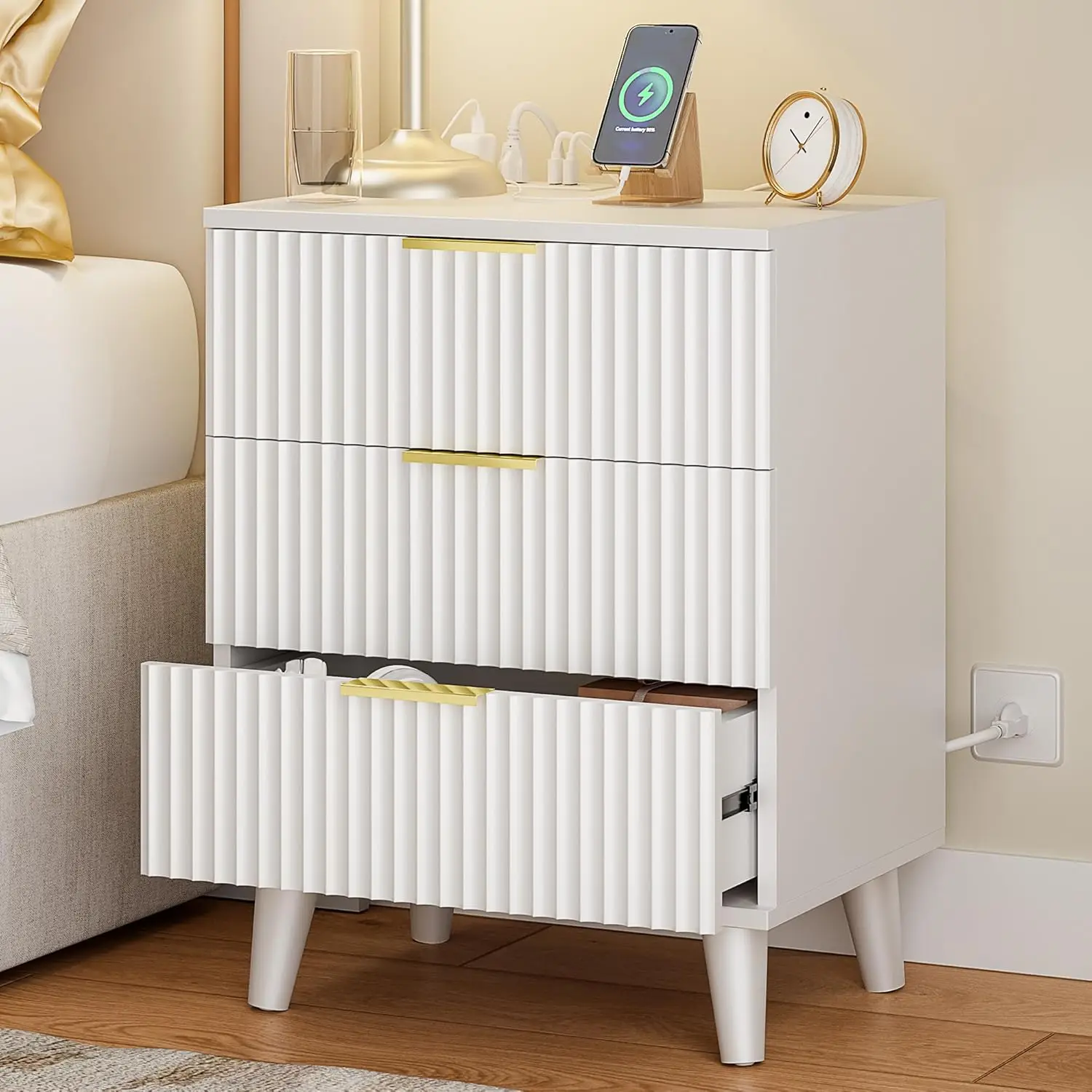 

Wood 3 Drawers Dresser Fluted Night Stand With Charging Station, White Storage Nightstand Modern Side Table,, Customized