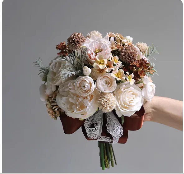 French retro bouquet wedding photography simulation bouquet home table placed silk flower decorative coffee tone.