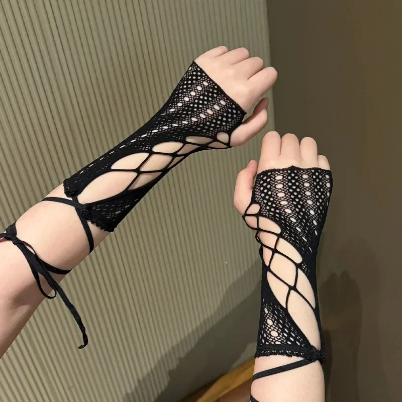 Spitzenhandschuhe mit Kreuzbändern für Damen, fingerlose Fischernetzhandschuhe, Sommer-Sonnenschutz-Party- und Hochzeitshandschuhe