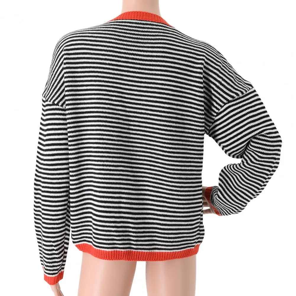 Casual Loose Fit Sweater Stylish Women's Lightweight Knitted Sweater Crew Neck Long Sleeve Striped Contrast Color for Autumn