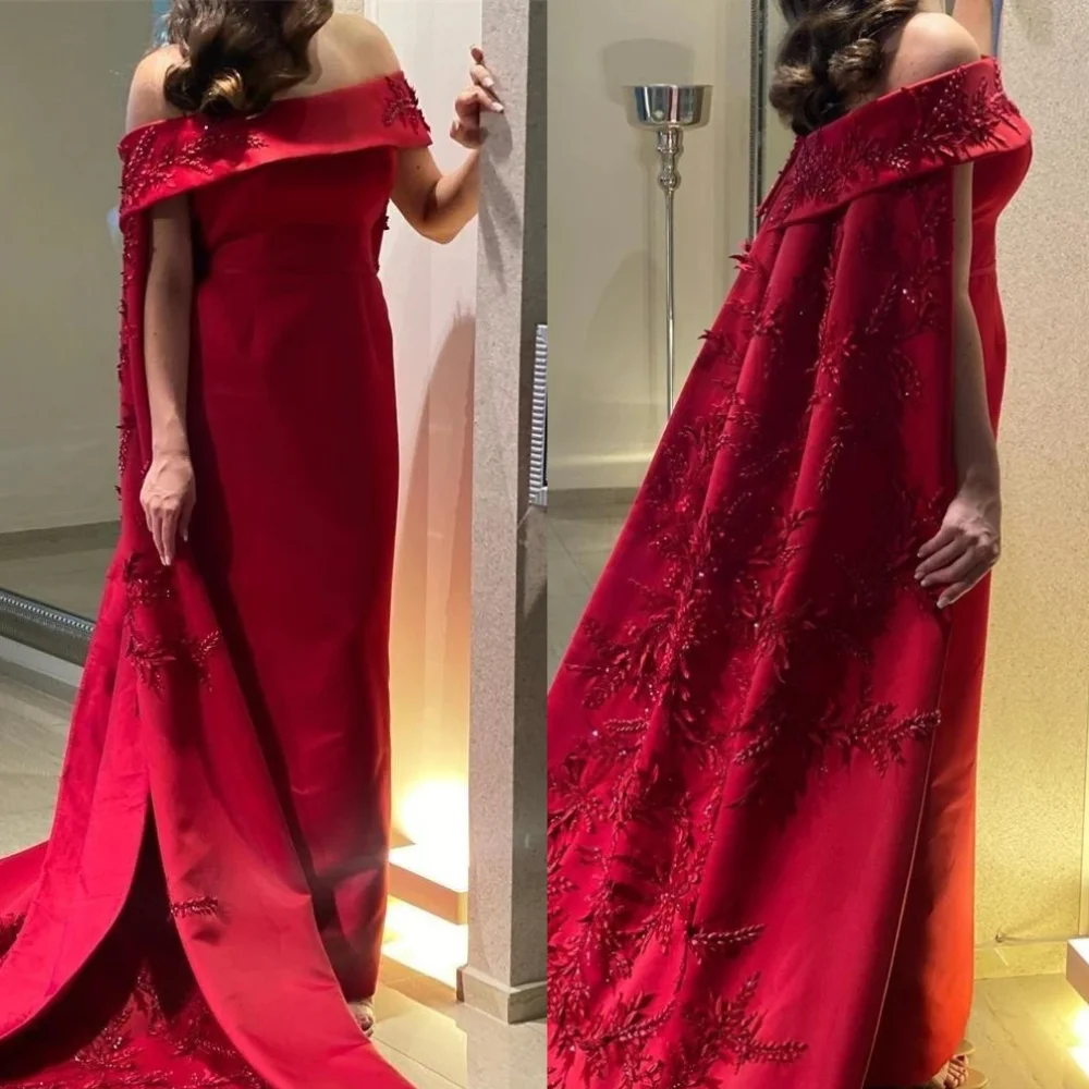 Vintage Long Red Off the Shoulder Satin Prom Dresses Short Sleeves with Cape Sheath Sweep Train سيرين لفساتين السهرة