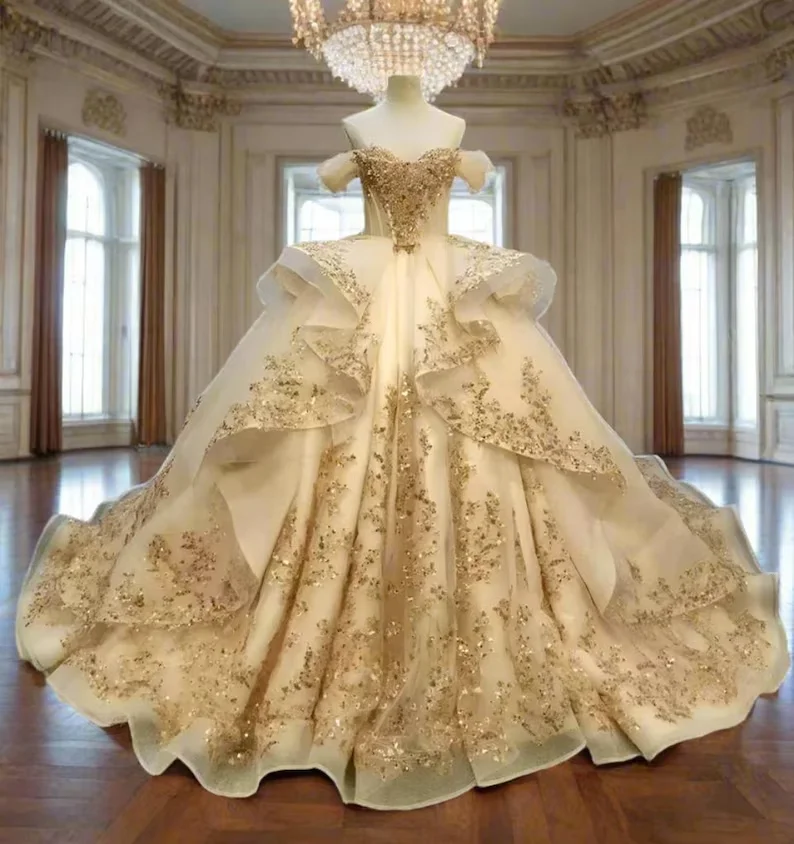 

Customized Vestidos De Novia Rose Gold Debutante Princess Ball Gown Off-The-Shoulder Sleeves Heart-Shaped High-Quality Lace
