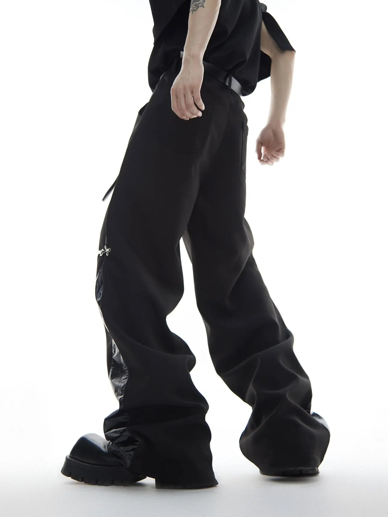 High Street Pants Men's Metal Airplane Buckle Trousers with Leather Splicing Design Casual Straight Leg Hanging Pants