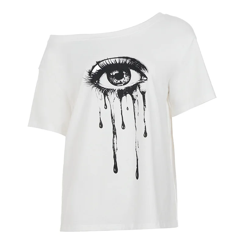 Summer casual street style retro trend big eye eyelash print diagonal shoulder short sleeved T-shirt