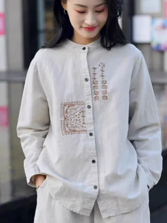 Suelto artístico Retro bordado largo Sve Stand Collar mujer irt Spring Faion Commute Sle versión coreana algodón Lino