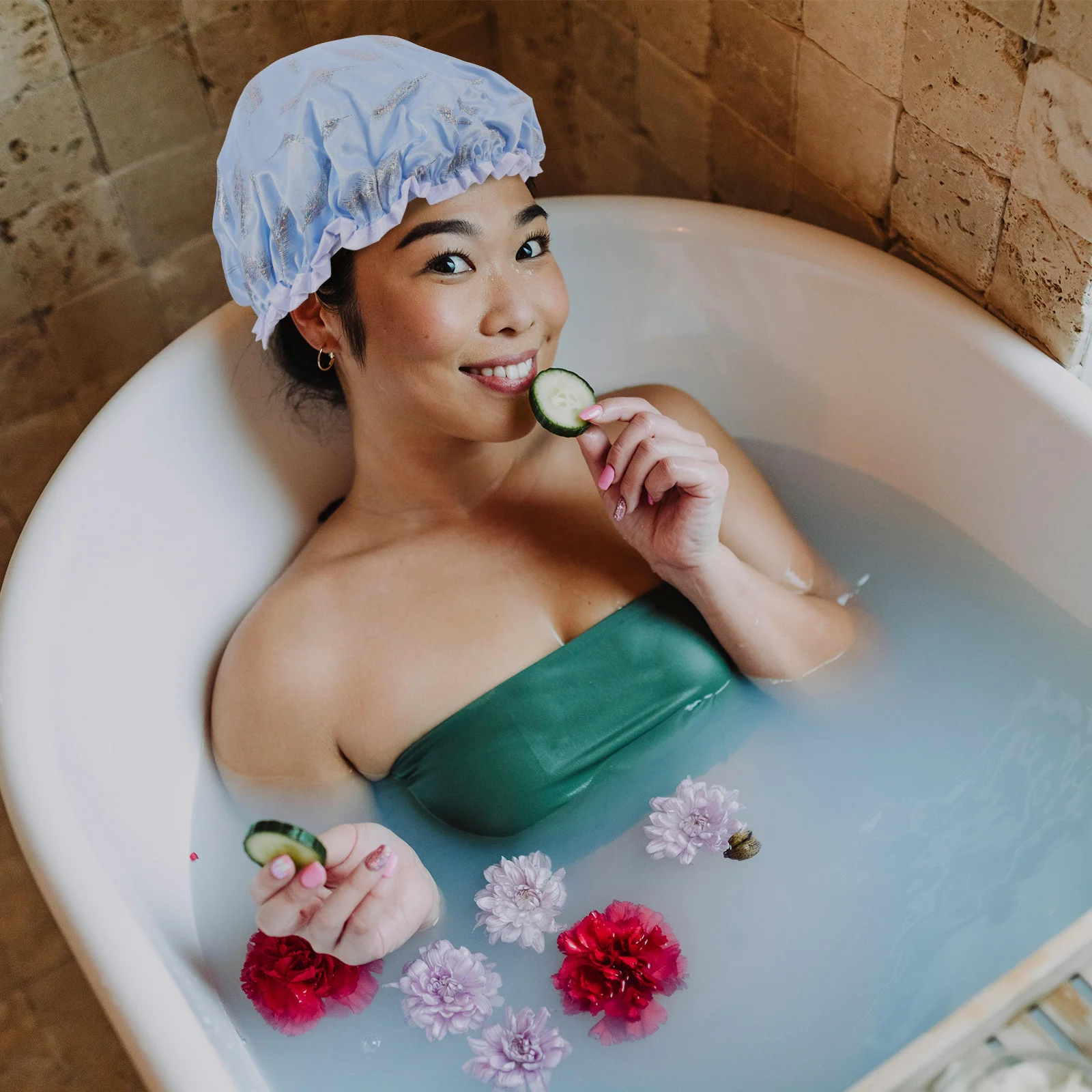 

4Pcs Double Layer Waterproof Shower Caps Elastic Reusable Hair Caps for Women Bathing Swimming Hair Care Waterproof Shower Cap