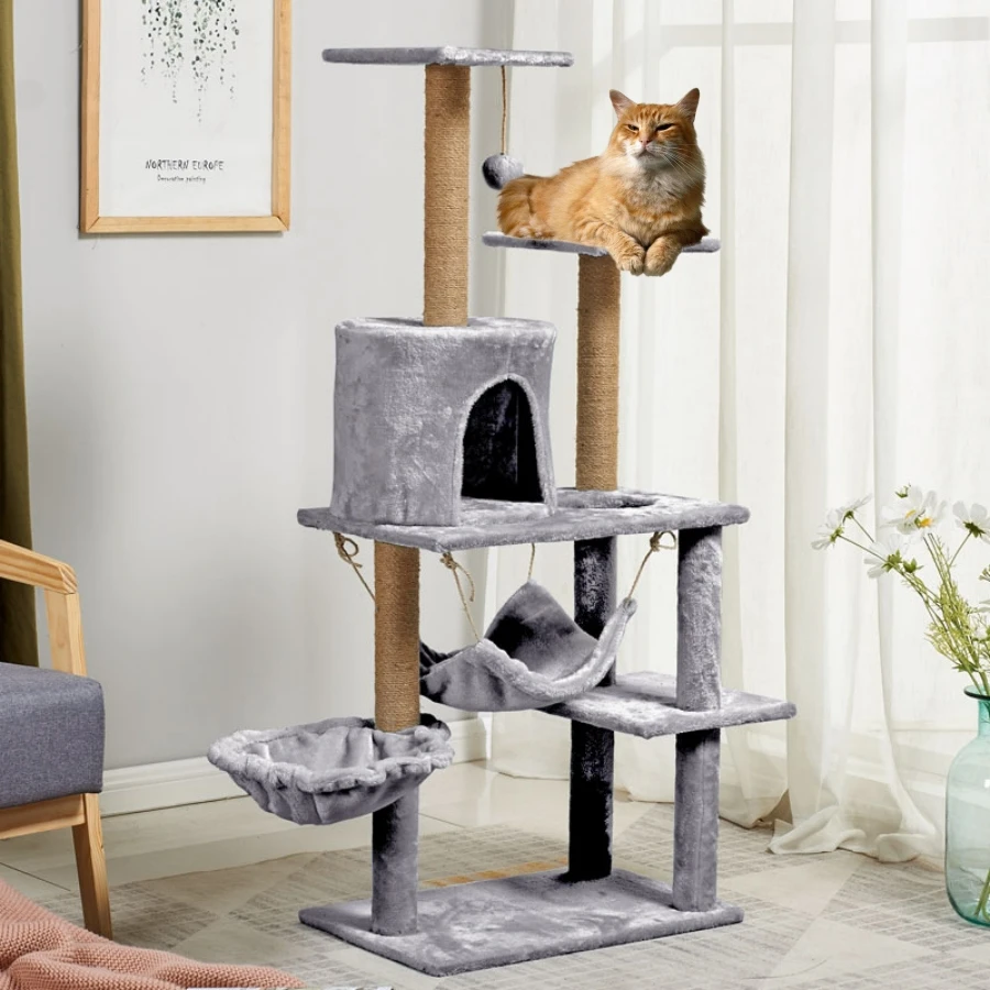 

Multi-layer Cat Tree House With Swing Hammock Cat Climbing Tower Sisal Rope Cat Scratching Posts Cover Plush Cloth Cat Condos