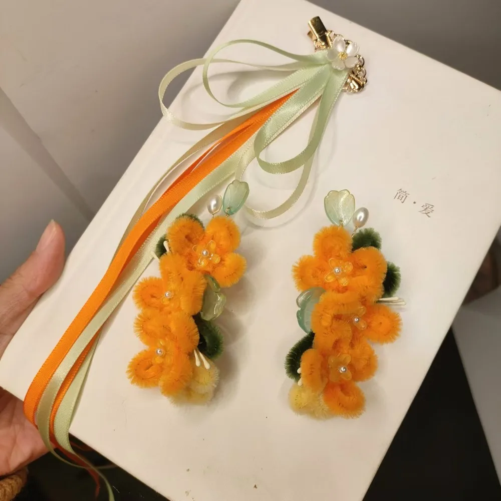 

Floral Yellow Flower Hairpin Ribbon Suede Chinese Style Hair Clip Cloth Hanfu Accessories Long Streamer Barrettes