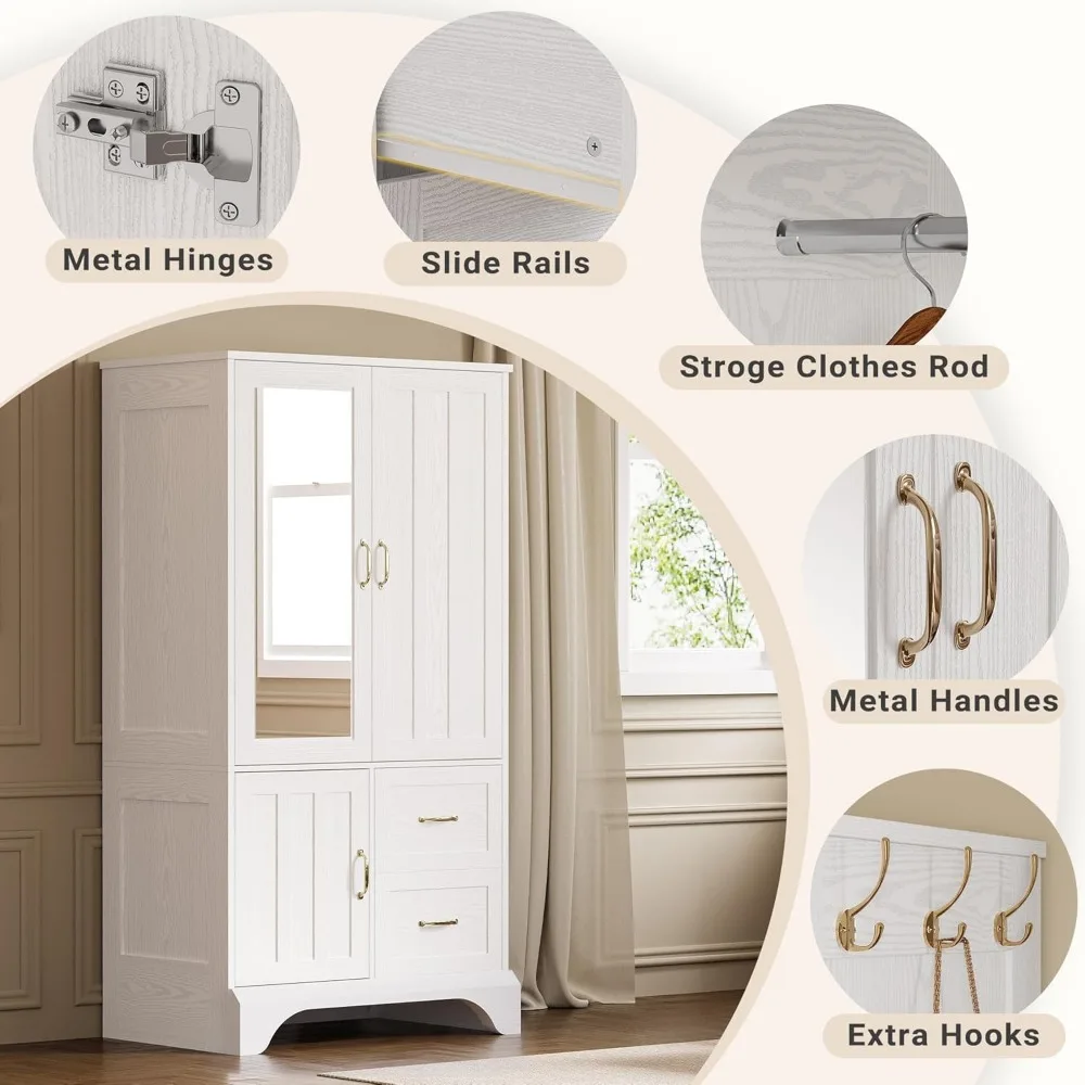 Drewniana szafa z lustrem, drzwiami, szufladami i półkami do przechowywania w sypialni