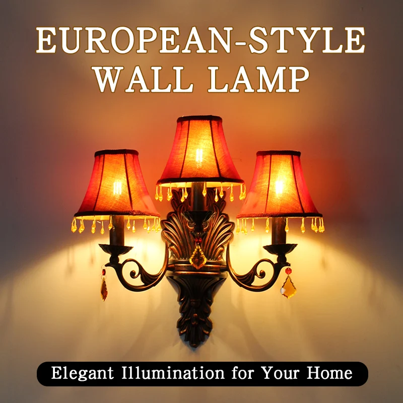 Retro American European Iron Art Red Cloth Crystal Wall Lamp for Hall Restaurant Bedroom Walkway Hotel Bar Decorative Wall Light
