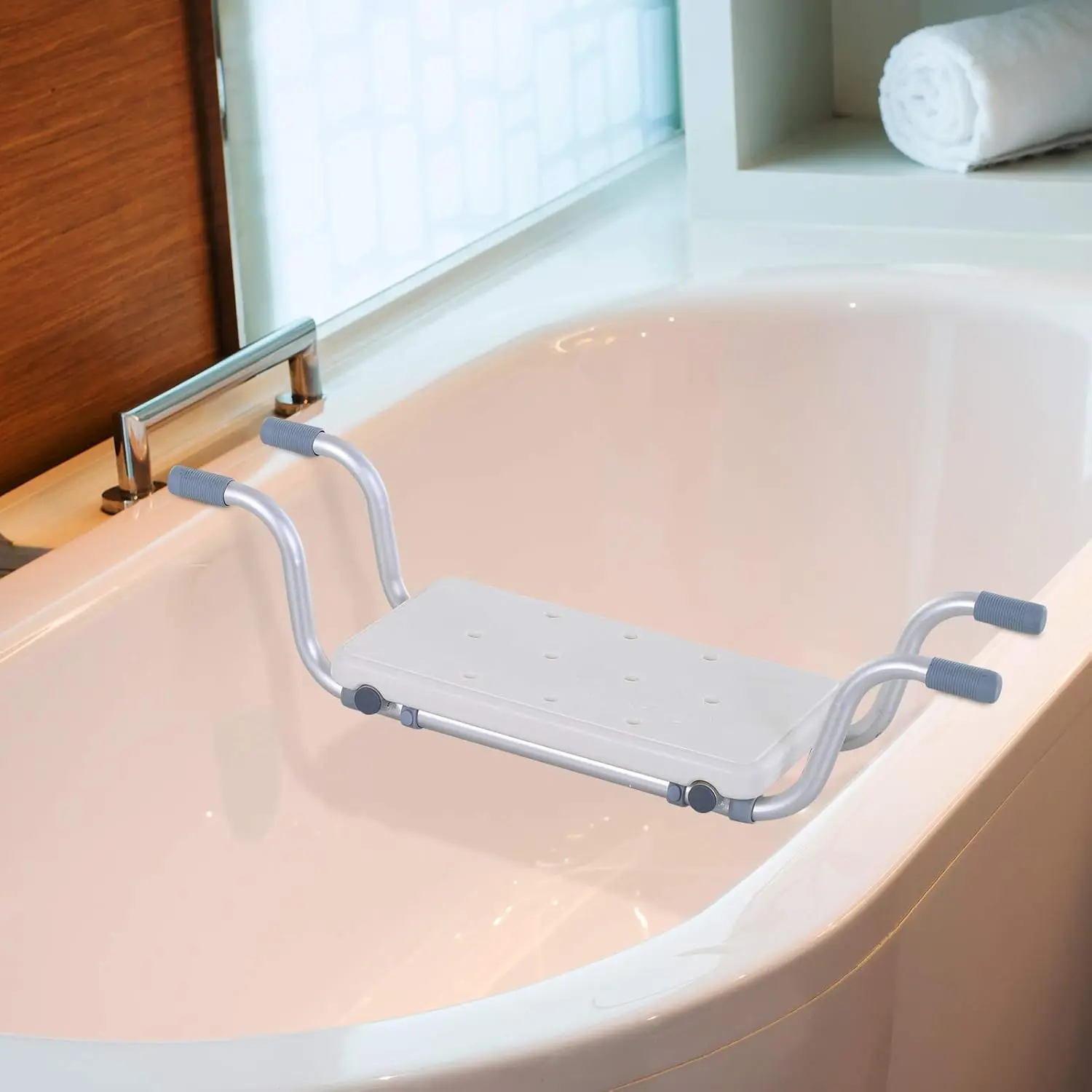 Siège de Baignoire Extensible en Aluminium et Plastique Blanc Charge Maximale 136 kg 73-83*22*18cm