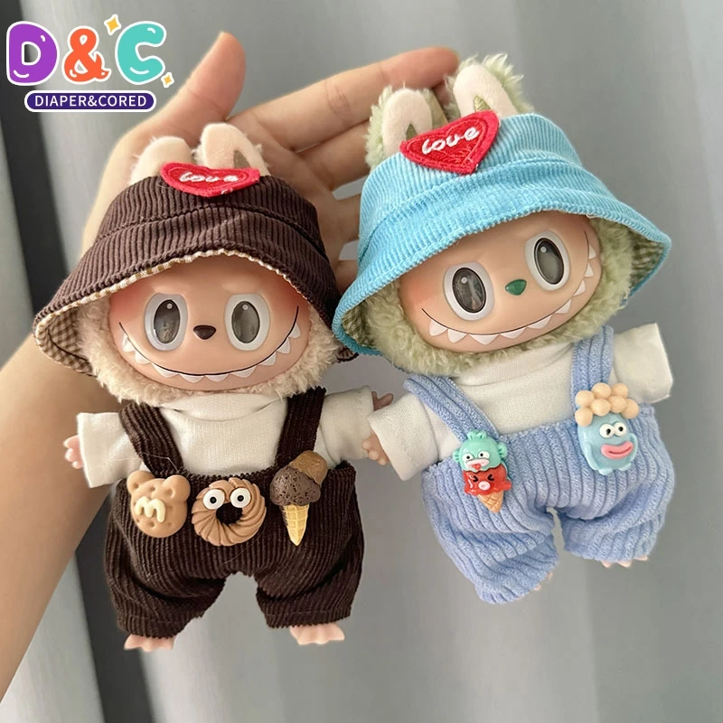 1Set 17cm Labubu Idol Dolls Sitting Party Sweet Tube Overalls Clothing Gift Mini Plush Doll's Clothes Outfit Accessories