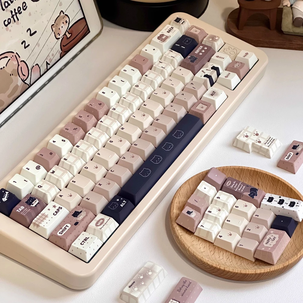 

Cat-Themed Keycaps For Mechanical Keyboards 147 Keys Cherry Pbt Cute Khaki Cat Keycaps.