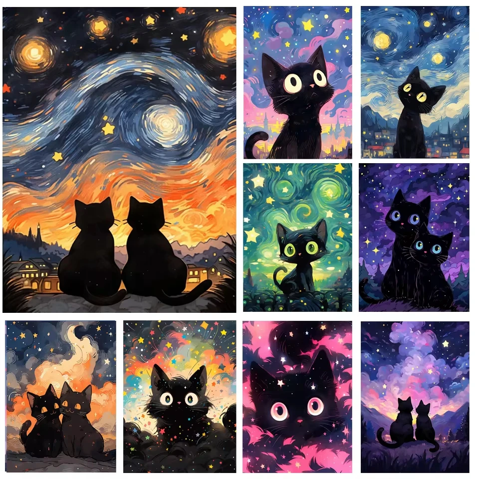 Puzzle pour adultes 1000 pièces, chat noir, nuit étoilée, œuvre d'art, jeu de concentration, anti-stress, décoration, cadeau