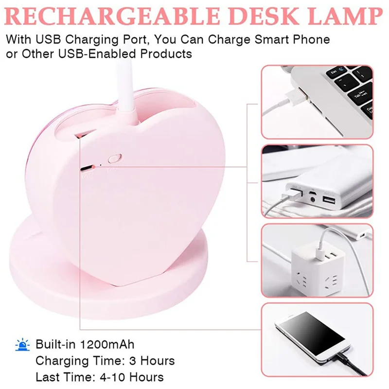 

ABUP-3X LED Desk Lamp For Girls, Rechargeable LED Desk Lamp With USB Charging Port & Pen Holder, Eye-Caring Dimmable Pink