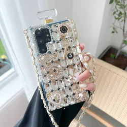 Crossbody Rhinestone Perfume Bottle Shape Phone Case, Crystal Flowers Cover, for Samsung S23, S22, S20 Ultra, S24, S20, Note20