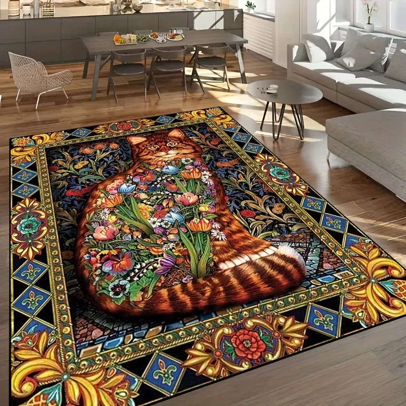 VIKAMA Persian-Style Cat Print Rug Durable Non-Slip Bedside Mat for Bedroom Living Room Coffee Table Rug Home Decor