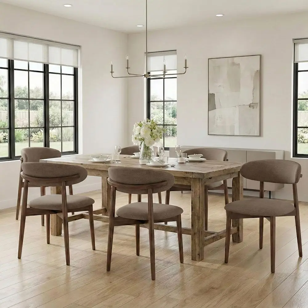 

Set of 6 Upholstered Dining Chairs with Solid Wood Legs, Camel Fabric