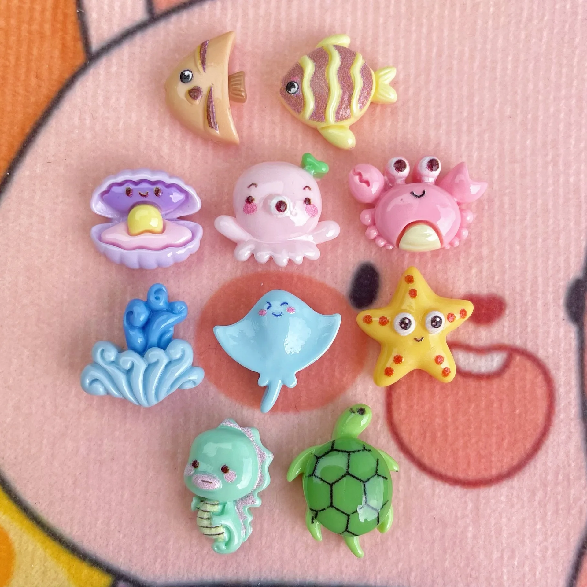 

100 PCS Mini Trumpet Ocean Series Resin Accessories Crab Octopus Starfish Cartoon Hair Clips Applique Decorations