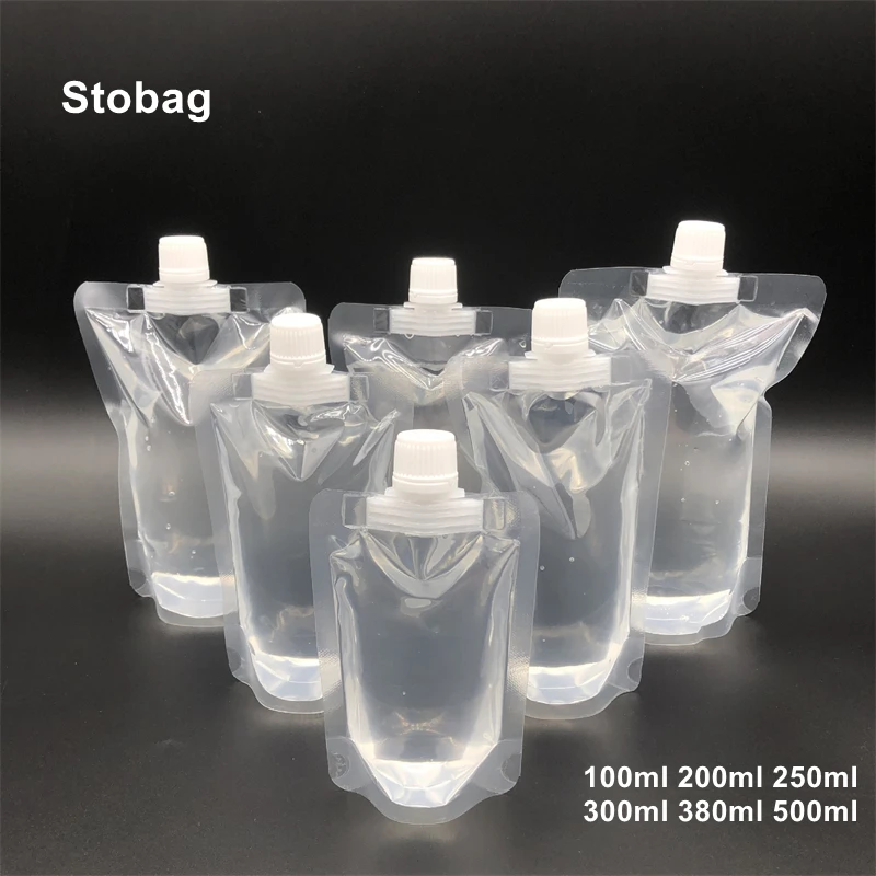 StoBag 50pcs Plastic Transparent Liquid Packaging Big Nozzle Bags Juice Beverage Milk Sealed Stand Up Storage Reusable Pouches