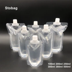 StoBag 50pcs Plastic Transparent Liquid Packaging Big Nozzle Bags Juice Beverage Milk Sealed Stand Up Storage Reusable Pouches