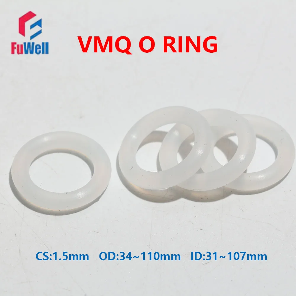 Fuwell 20pcs CS 1.5mm White VMQ Silicone Rubber O-Ring Seal Gasket Temperature Resistant Waterproof OD 34~65mm Round Soft Washer