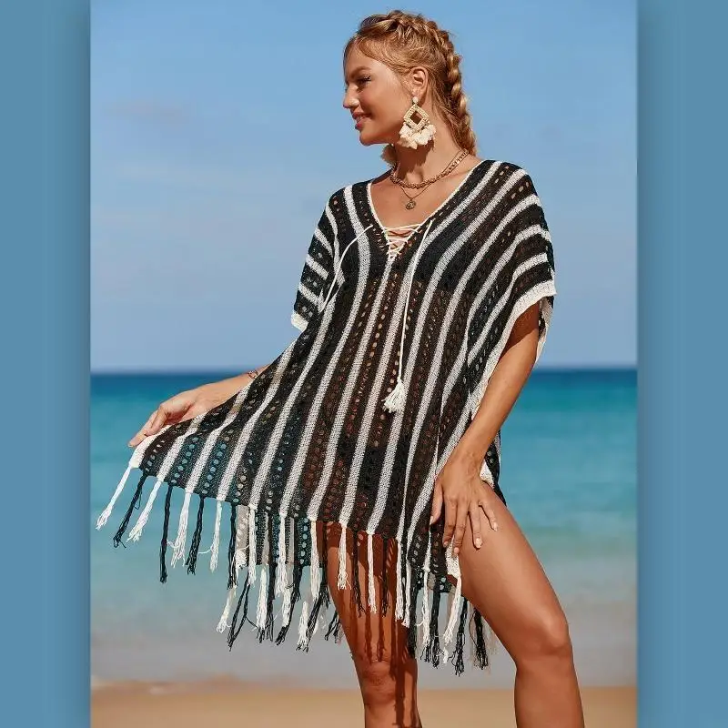 

X9FF Swimsuit Smock Knitting Swimwear Beach Top Crochet Cover for w/ Fringe Tr