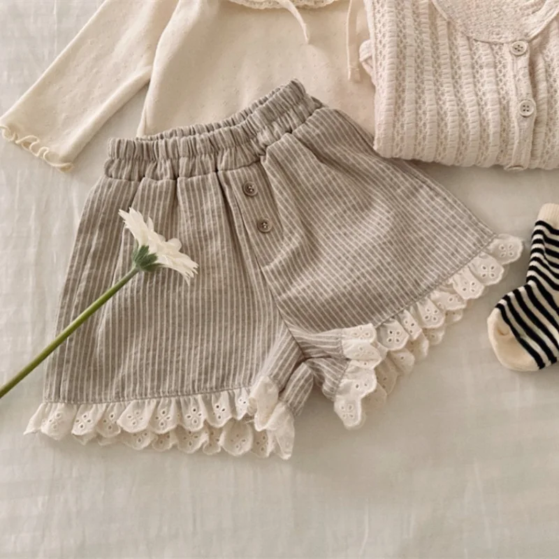 Striped Ruffles Shorts for Girls 2026 New Summer Baby Girl Plaid Kids Pants Versatile Casual Korean Style Pants