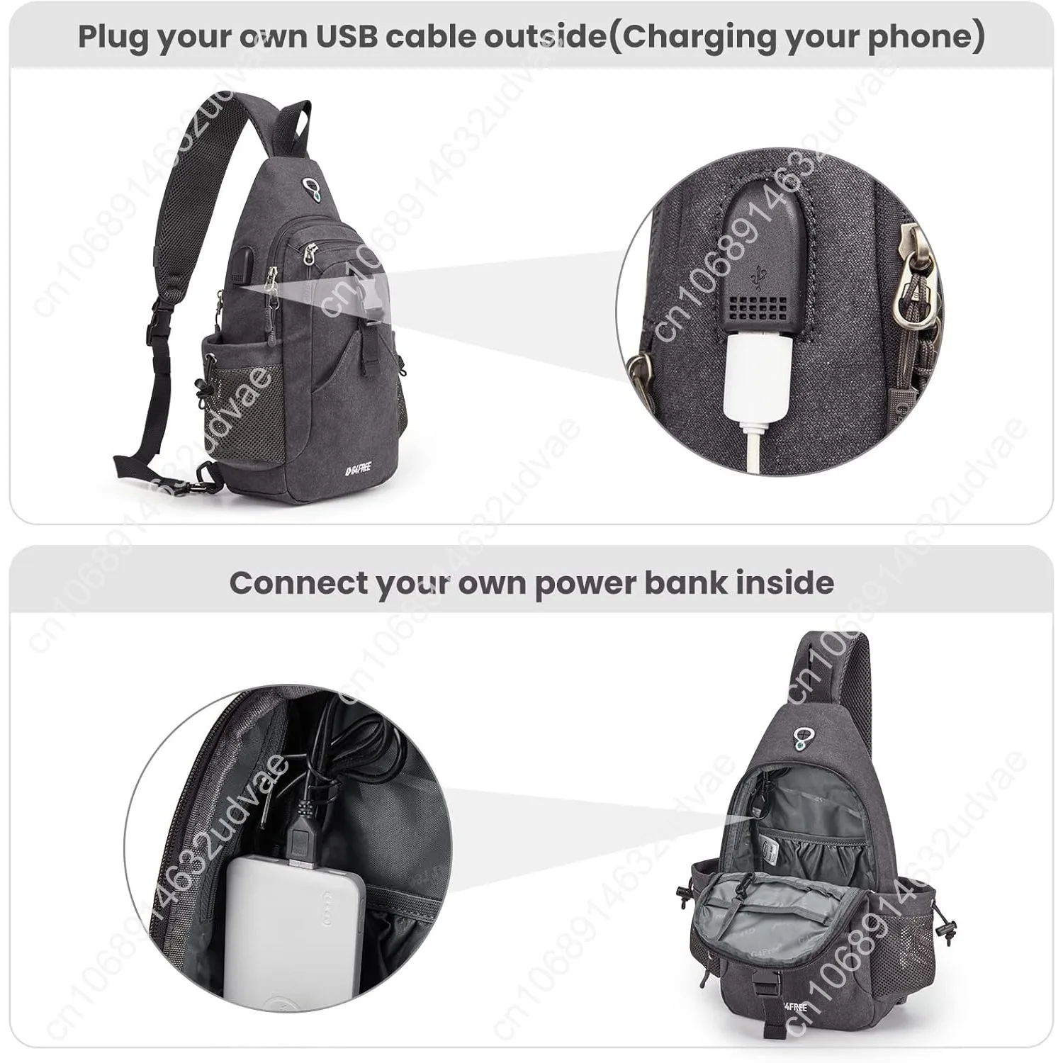 G4Free Canvas Sling Bag Crossbody Backpack with USB Charging Port & RFID Blocking, Hiking Daypack Chest Bag for Women Men