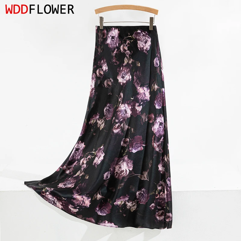 

93% Mulberry Silk 7% Spandex 22 Momme Charmeuse Silk Black with Purple Floral Fit Type Fishtail Style Women Skirt Summer FF067