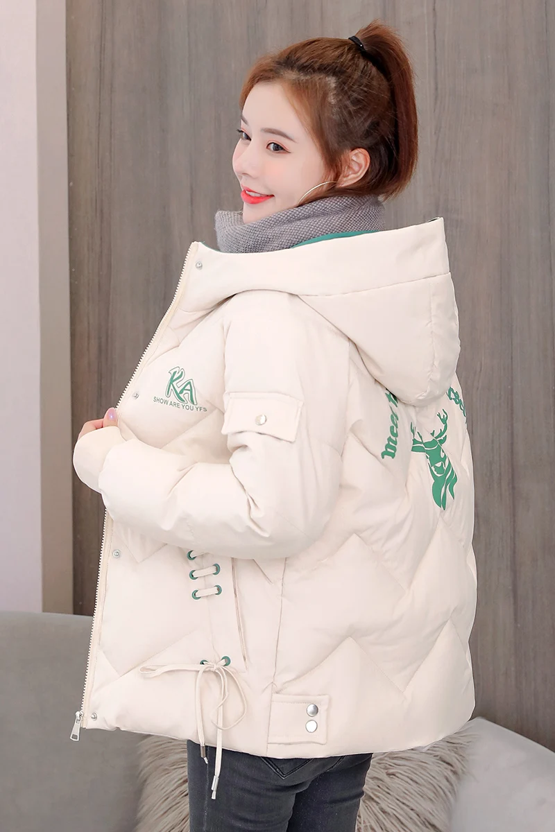 

Winter Thiened down Cotton Jaet Women's ort Faionable Loose plus Size Coat Korean Sle Printed Zipper Handbag