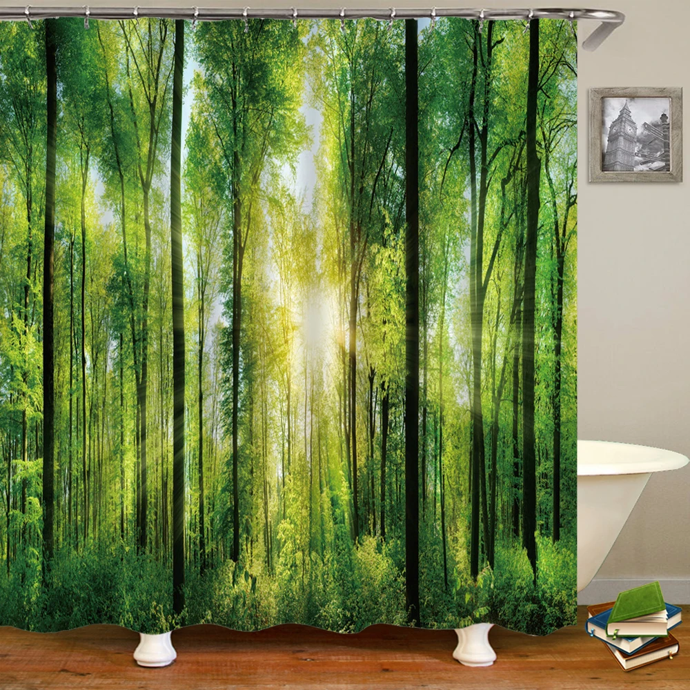 Rideau de douche imperméable avec crochets, impression 3D moderne, paysage forestier, plante verte, arbre, bain