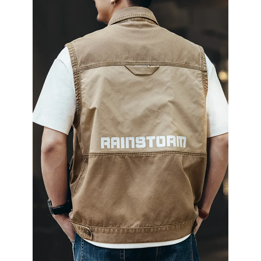 ملابس عمل قماشية عصرية للخريف للرجال، سترة من قماش الدنيم، صدرية متعددة الجيوب