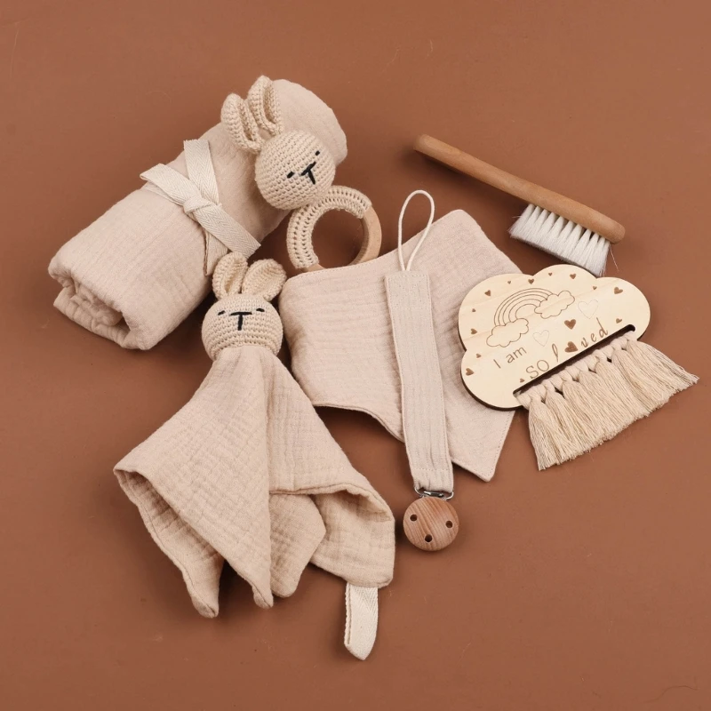 

Baby Towel Bath Set Gift Box Cotton Blankets Newborn Milestone Cards Wooden Ring Rabbit Rattle Infant Brush For Baby Birth Gift